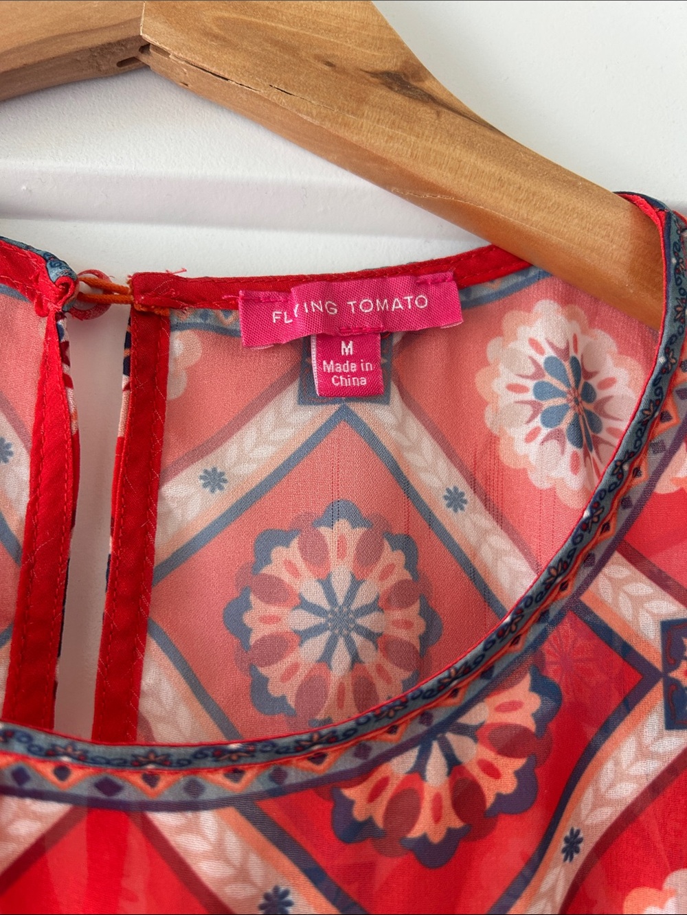 Flying Tomato Red Geometric Tile Print Peasant Blouse - Picture 2 of 5
